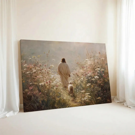 Walking with the Shepherd Christian canvas art depicting Jesus and a lamb in a peaceful field