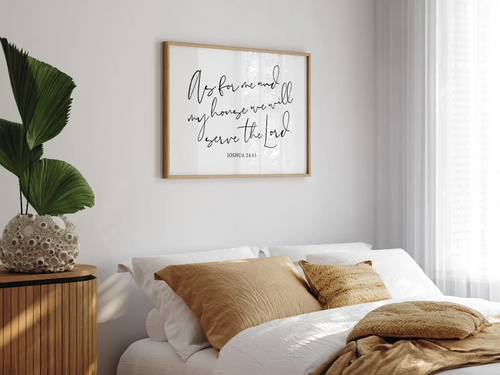 Declare your family's faith with this inspiring Christian canvas wall art. This framed canvas print features elegant, flowing calligraphy of the powerful promise from Joshua 24:15: "But as for me and my house, we will serve the Lord."