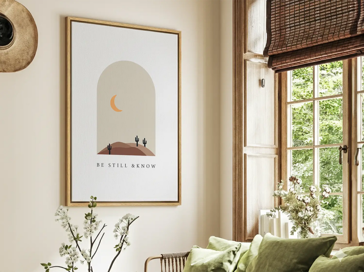 Find calm and faith in modern style with this inspiring Christian canvas wall art. This framed canvas print features a peaceful, minimalist desert landscape and the powerful, comforting command from Psalm 46:10 to Be Still & Know.