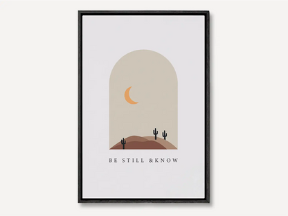 Find calm and faith in modern style with this inspiring Christian canvas wall art. This framed canvas print features a peaceful, minimalist desert landscape and the powerful, comforting command from Psalm 46:10 to Be Still & Know.