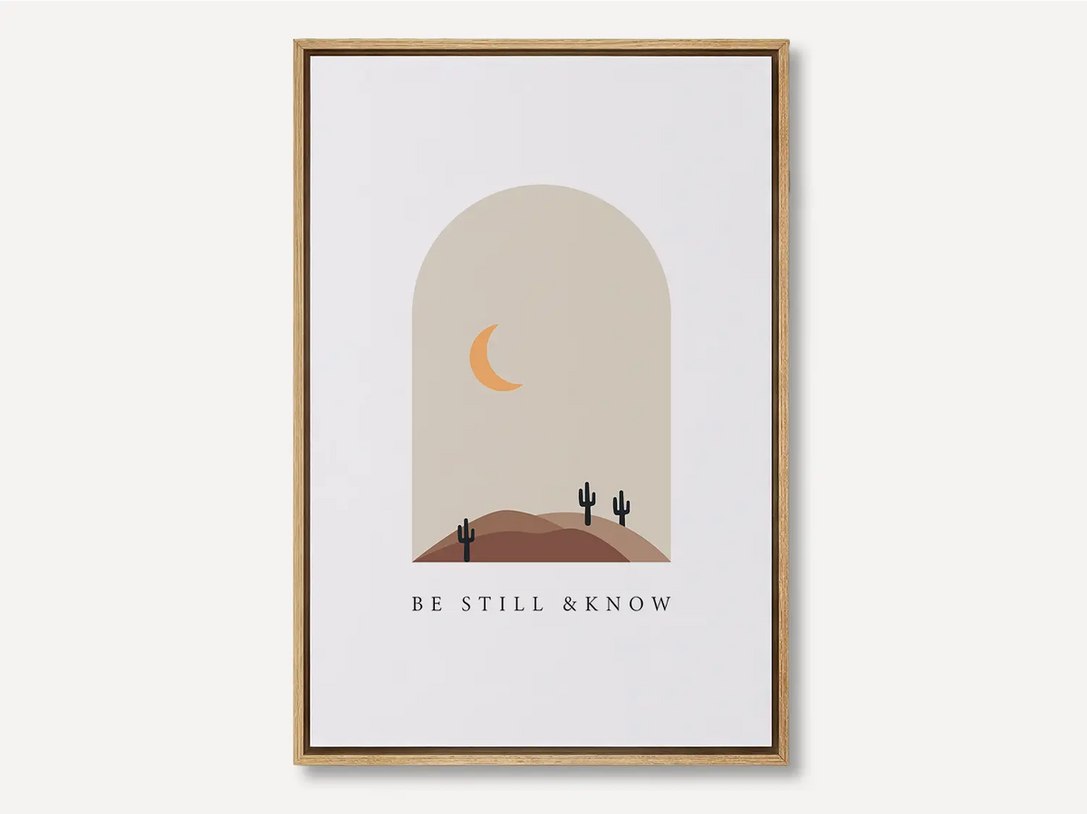 Minimalist Christian canvas wall art featuring “Be Still & Know” scripture from Psalm 46:10 on a neutral background