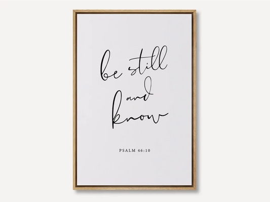 Create a space for calm and reflection with this inspiring Christian canvas wall art. This framed canvas print features elegant calligraphy of the powerful, comforting command from Psalm 46:10 to Be Still and Know.