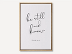 Christian canvas wall art with “Be Still and Know” scripture from Psalm 46:10 in minimalist typography
