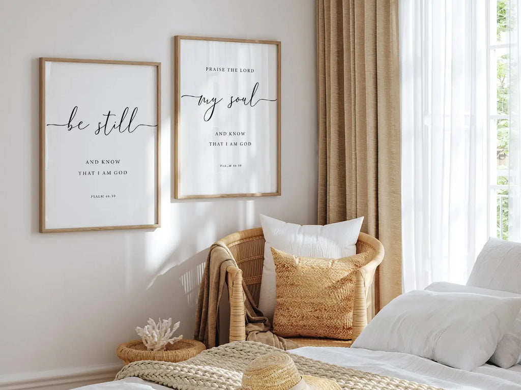Create a space for calm and reflection with this inspiring Christian wall art set. This collection of two framed scripture prints features elegant calligraphy and the powerful, comforting command from Psalm 46:10 to Be Still and Know That I Am God.