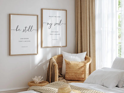 Create a space for calm and reflection with this inspiring Christian wall art set. This collection of two framed scripture prints features elegant calligraphy and the powerful, comforting command from Psalm 46:10 to Be Still and Know That I Am God.