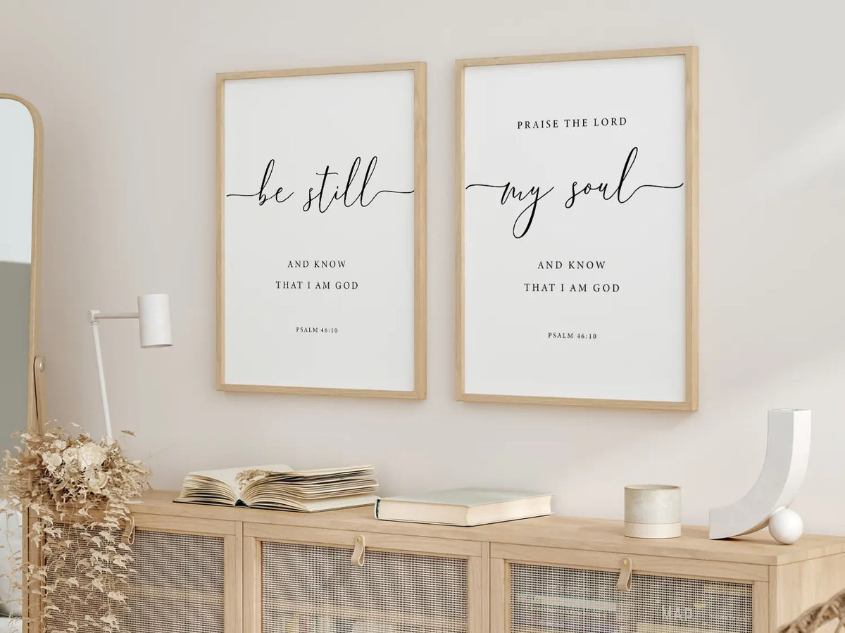 Create a space for calm and reflection with this inspiring Christian wall art set. This collection of two framed scripture prints features elegant calligraphy and the powerful, comforting command from Psalm 46:10 to Be Still and Know That I Am God.