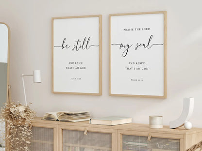 Create a space for calm and reflection with this inspiring Christian wall art set. This collection of two framed scripture prints features elegant calligraphy and the powerful, comforting command from Psalm 46:10 to Be Still and Know That I Am God.