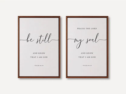 Create a space for calm and reflection with this inspiring Christian wall art set. This collection of two framed scripture prints features elegant calligraphy and the powerful, comforting command from Psalm 46:10 to Be Still and Know That I Am God.