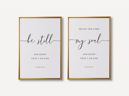 Create a space for calm and reflection with this inspiring Christian wall art set. This collection of two framed scripture prints features elegant calligraphy and the powerful, comforting command from Psalm 46:10 to Be Still and Know That I Am God.