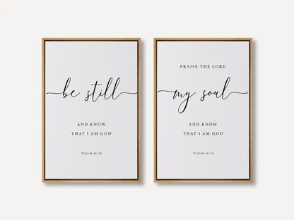 Create a space for calm and reflection with this inspiring Christian wall art set. This collection of two framed scripture prints features elegant calligraphy and the powerful, comforting command from Psalm 46:10 to Be Still and Know That I Am God.