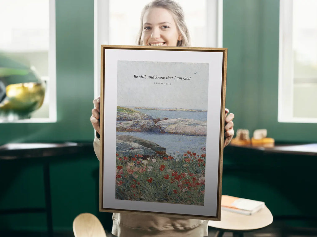 Invite calm and faith into your home with this inspiring Christian canvas wall art. This framed canvas print features a serene coastal landscape paired with the powerful, comforting command from Psalm 46:10 to Be Still and Know That I Am God.