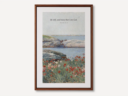 Invite calm and faith into your home with this inspiring Christian canvas wall art. This framed canvas print features a serene coastal landscape paired with the powerful, comforting command from Psalm 46:10 to Be Still and Know That I Am God.