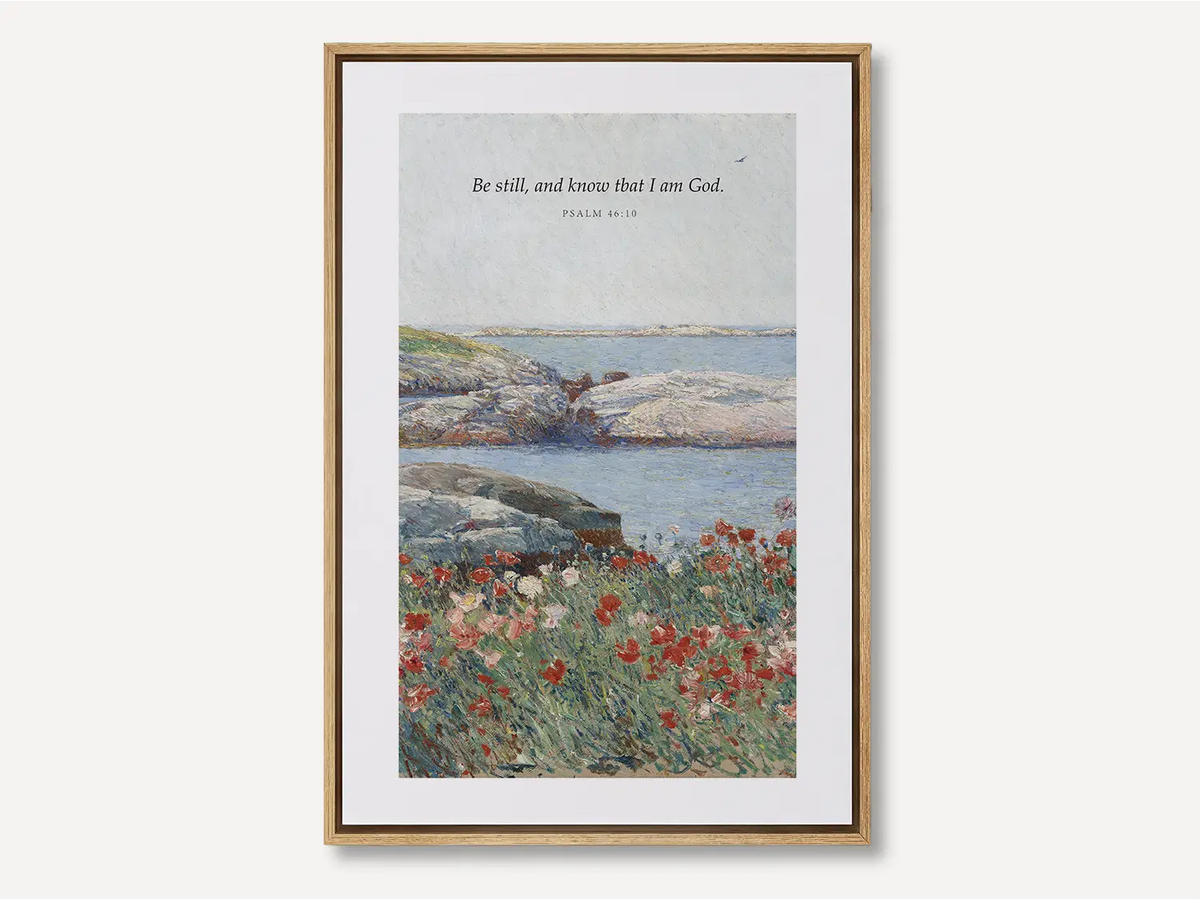 Be Still and Know Psalm 46:10 coastal Christian canvas wall art with ocean and wildflowers