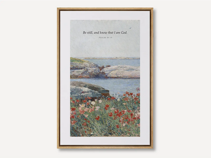 Invite calm and faith into your home with this inspiring Christian canvas wall art. This framed canvas print features a serene coastal landscape paired with the powerful, comforting command from Psalm 46:10 to Be Still and Know That I Am God.