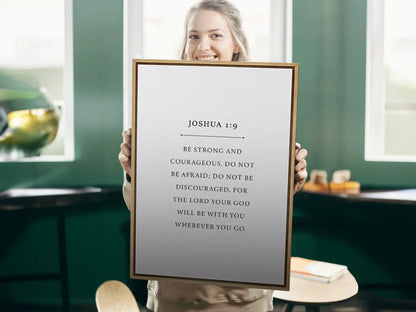 Anchor your life in confidence and faith with this inspiring Christian canvas wall art. This framed canvas print features a clean, minimalist design and the powerful command from Joshua 1:9 to Be strong and courageous.