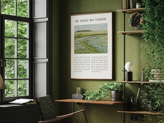 Anchor your life in Christ with this inspiring Christian canvas wall art. This framed canvas print features the profound lyrics of "Be Thou My Vision," paired with a serene field landscape, offering a daily prayer for guidance.