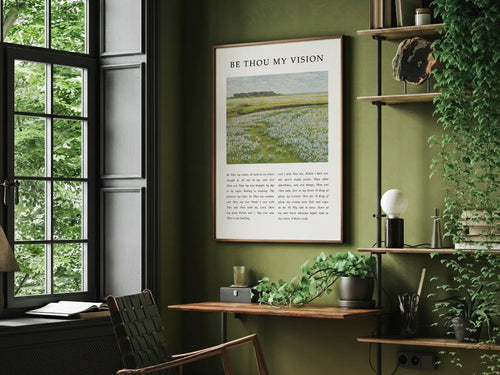 Anchor your life in Christ with this inspiring Christian canvas wall art. This framed canvas print features the profound lyrics of "Be Thou My Vision," paired with a serene field landscape, offering a daily prayer for guidance.