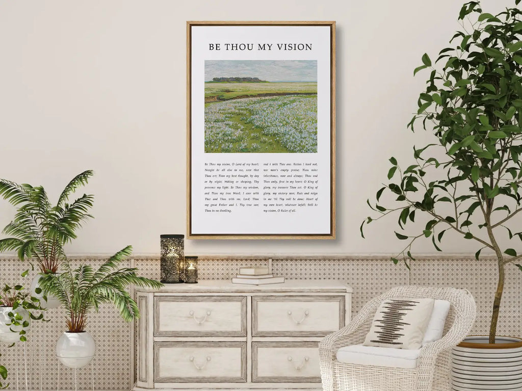 Anchor your life in Christ with this inspiring Christian canvas wall art. This framed canvas print features the profound lyrics of "Be Thou My Vision," paired with a serene field landscape, offering a daily prayer for guidance.