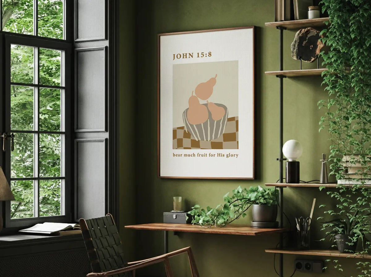 Christian home decor canvas with John 15:8 verse and abstract fruit illustration