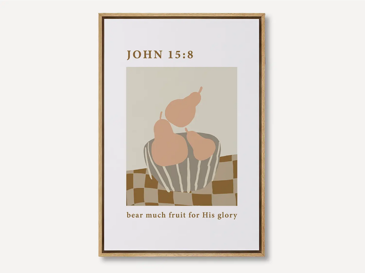 Bear Much Fruit John 15:8 Christian canvas wall art with minimalist fruit illustration in neutral tones, framed wall decor