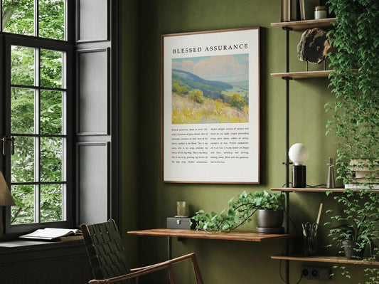 Fill your home with the joyful certainty of salvation with this inspiring Christian canvas wall art. This framed canvas print features the beloved lyrics of "Blessed Assurance," paired with a vibrant, peaceful landscape painting.