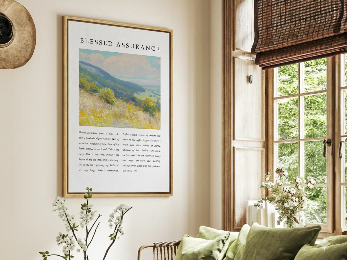 Framed Blessed Assurance hymn canvas displayed in a bright Christian living room