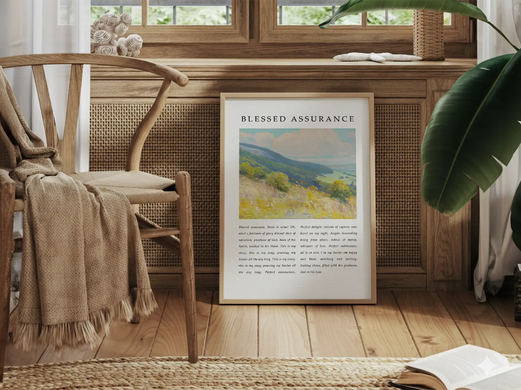 Fill your home with the joyful certainty of salvation with this inspiring Christian canvas wall art. This framed canvas print features the beloved lyrics of "Blessed Assurance," paired with a vibrant, peaceful landscape painting.