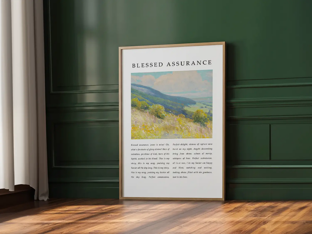 Fill your home with the joyful certainty of salvation with this inspiring Christian canvas wall art. This framed canvas print features the beloved lyrics of "Blessed Assurance," paired with a vibrant, peaceful landscape painting.