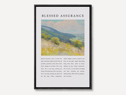 Fill your home with the joyful certainty of salvation with this inspiring Christian canvas wall art. This framed canvas print features the beloved lyrics of "Blessed Assurance," paired with a vibrant, peaceful landscape painting.