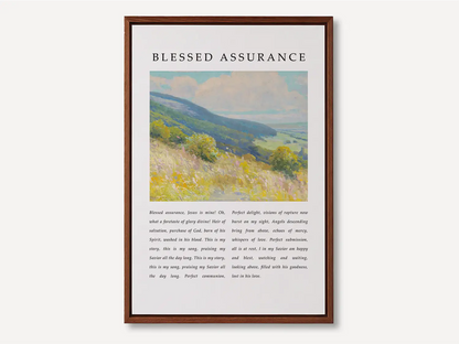 Fill your home with the joyful certainty of salvation with this inspiring Christian canvas wall art. This framed canvas print features the beloved lyrics of "Blessed Assurance," paired with a vibrant, peaceful landscape painting.