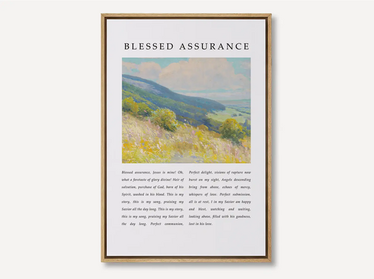 Fill your home with the joyful certainty of salvation with this inspiring Christian canvas wall art. This framed canvas print features the beloved lyrics of "Blessed Assurance," paired with a vibrant, peaceful landscape painting.
