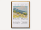 Blessed Assurance Christian hymn canvas wall art with framed pastoral landscape and worship lyrics