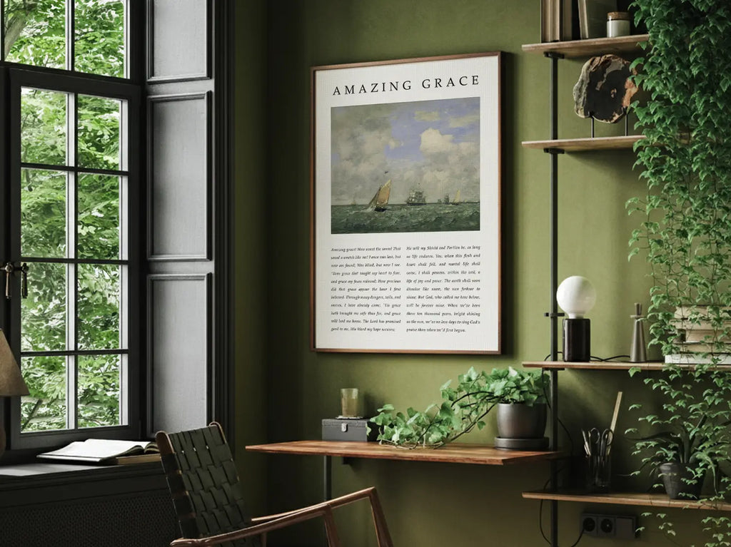 Framed Amazing Grace hymn wall art for Christian home decor