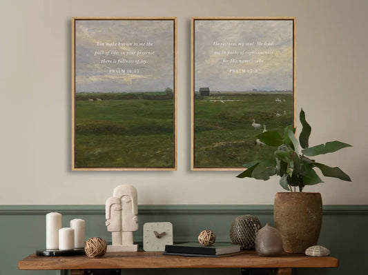 Anchor your home in serenity with this inspiring Christian wall art set. This collection of two framed scripture prints features calming pastoral landscapes paired with powerful promises of fullness of joy and restoration of the soul.