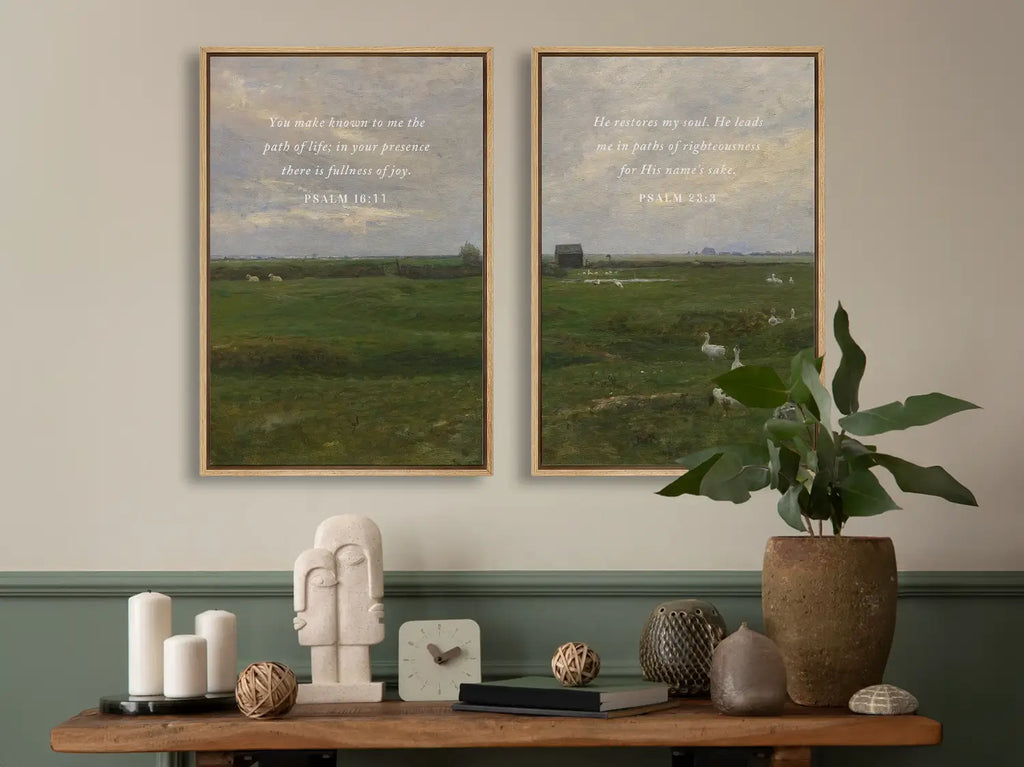 Anchor your home in serenity with this inspiring Christian wall art set. This collection of two framed scripture prints features calming pastoral landscapes paired with powerful promises of fullness of joy and restoration of the soul.