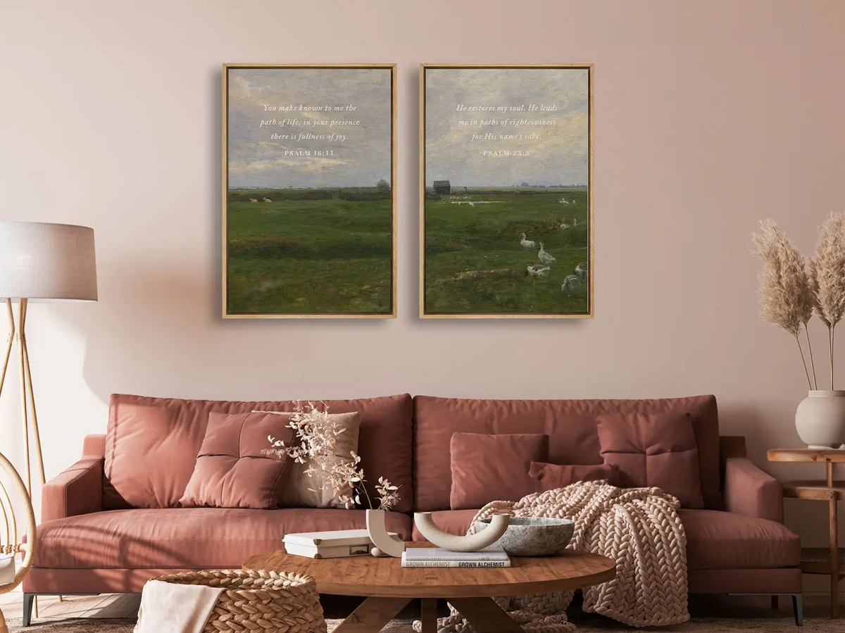 Anchor your home in serenity with this inspiring Christian wall art set. This collection of two framed scripture prints features calming pastoral landscapes paired with powerful promises of fullness of joy and restoration of the soul.