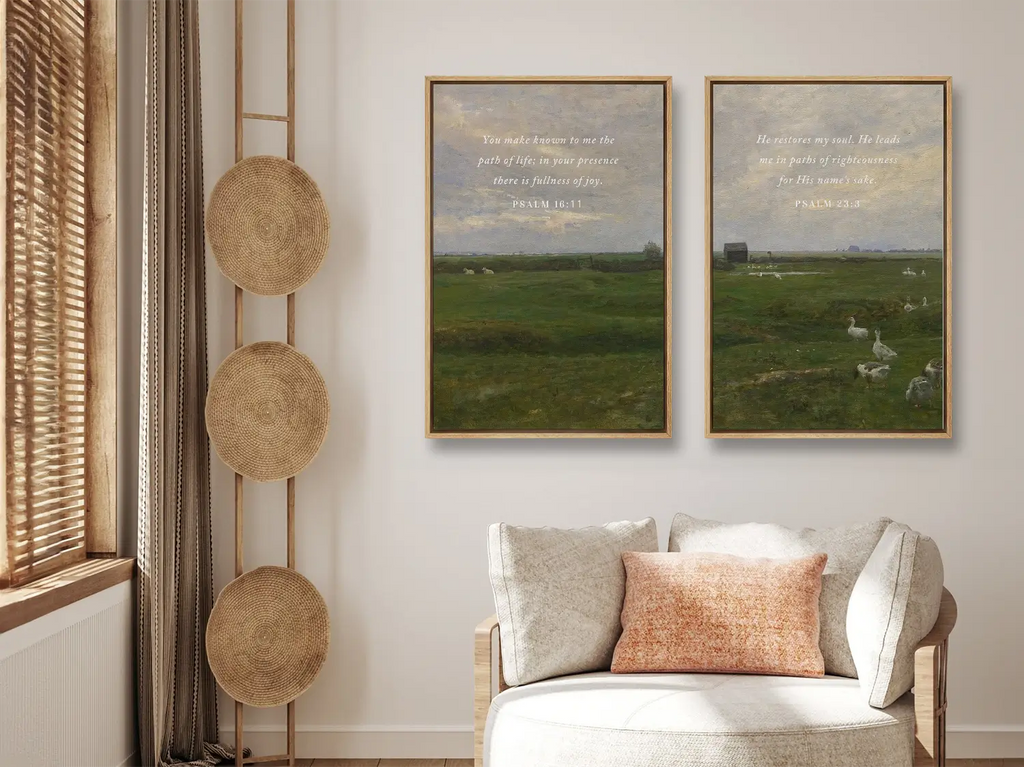 Anchor your home in serenity with this inspiring Christian wall art set. This collection of two framed scripture prints features calming pastoral landscapes paired with powerful promises of fullness of joy and restoration of the soul.