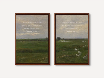 Anchor your home in serenity with this inspiring Christian wall art set. This collection of two framed scripture prints features calming pastoral landscapes paired with powerful promises of fullness of joy and restoration of the soul.
