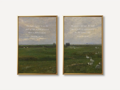 Anchor your home in serenity with this inspiring Christian wall art set. This collection of two framed scripture prints features calming pastoral landscapes paired with powerful promises of fullness of joy and restoration of the soul.