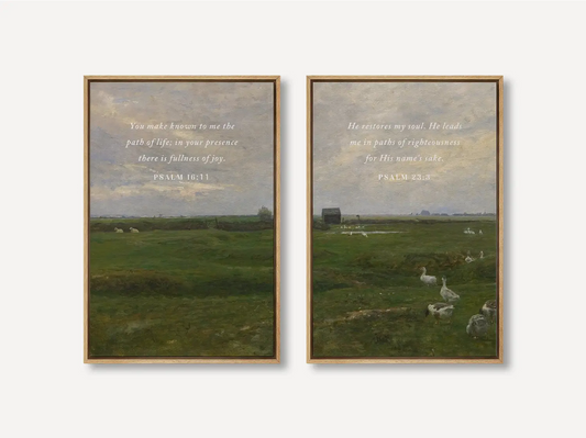 Anchor your home in serenity with this inspiring Christian wall art set. This collection of two framed scripture prints features calming pastoral landscapes paired with powerful promises of fullness of joy and restoration of the soul.
