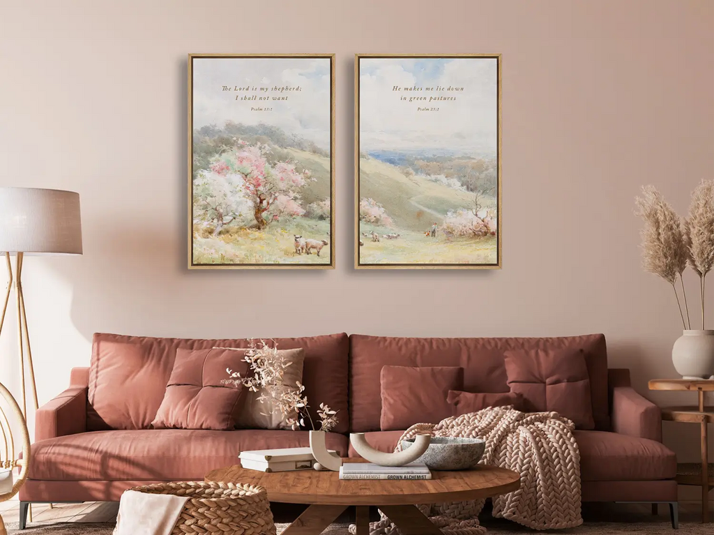 Bring the peace of Psalm 23 into your home with this inspiring Christian wall art set. This collection of two framed scripture prints features beautiful pastoral paintings and the comforting promise: The Lord is My Shepherd.