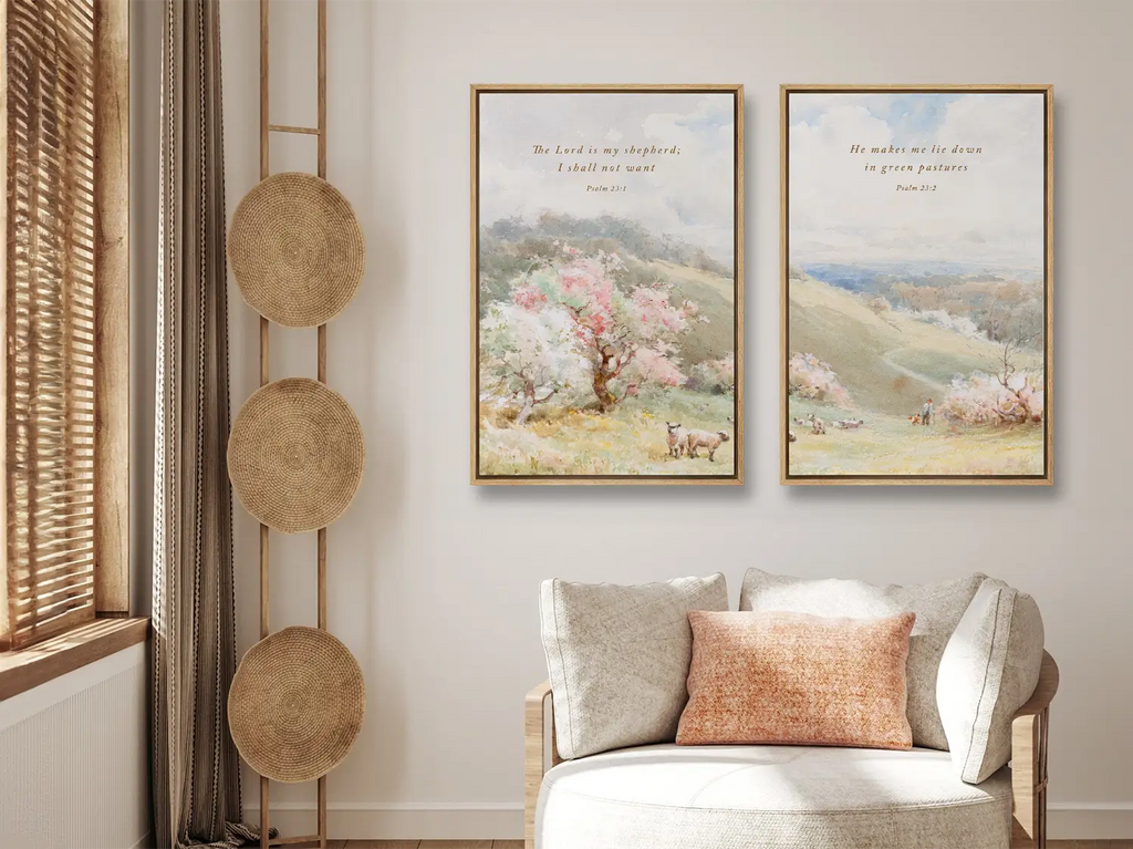 Bring the peace of Psalm 23 into your home with this inspiring Christian wall art set. This collection of two framed scripture prints features beautiful pastoral paintings and the comforting promise: The Lord is My Shepherd.