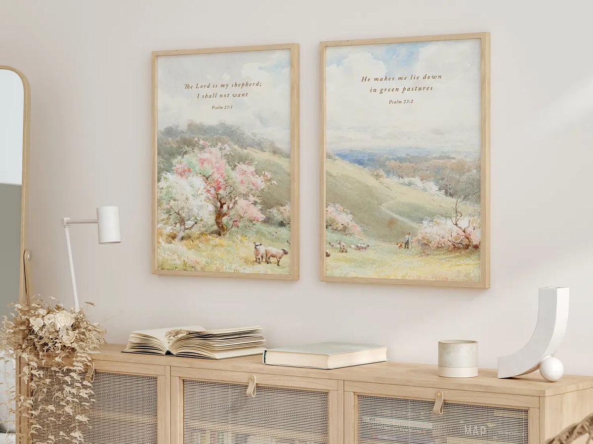 Bring the peace of Psalm 23 into your home with this inspiring Christian wall art set. This collection of two framed scripture prints features beautiful pastoral paintings and the comforting promise: The Lord is My Shepherd.