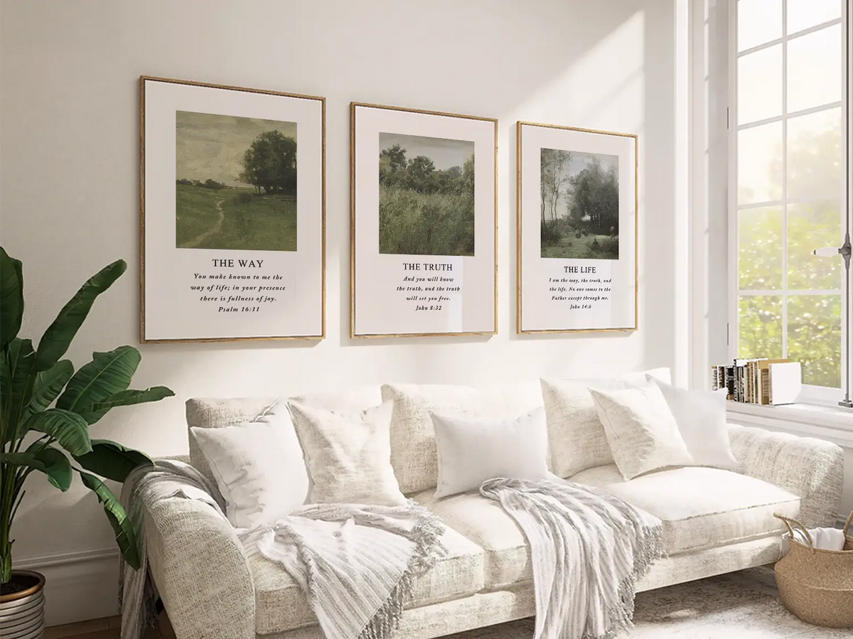 AbidePrint - Christian Wall Art Decor | 'The Way, The Truth, The Life' Set of 3 | Wooden Framed Scripture Prints