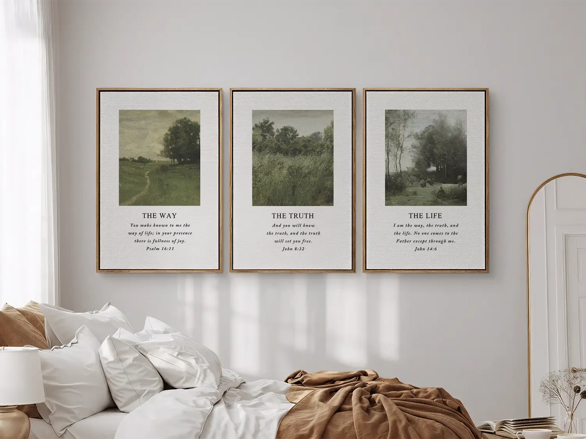 AbidePrint - Christian Wall Art Decor | 'The Way, The Truth, The Life' Set of 3 | Wooden Framed Scripture Prints