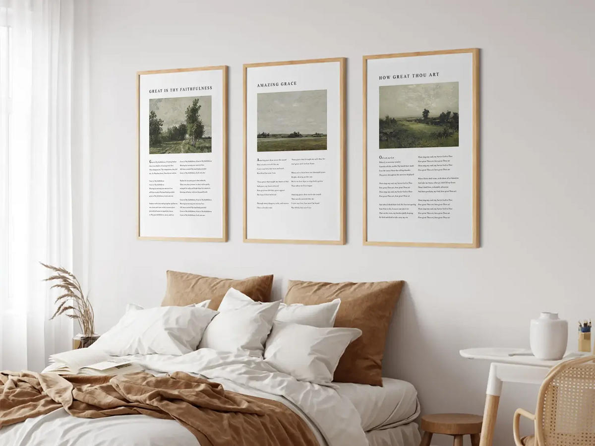 Bring peace to your home with this inspiring Christian wall art set. This collection of three framed scripture prints features serene, impressionist-style landscapes paired with comforting verses from the Psalms, reminding you of God's provision and protection.