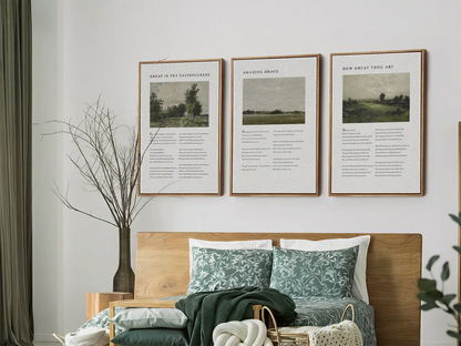 Bring peace to your home with this inspiring Christian wall art set. This collection of three framed scripture prints features serene, impressionist-style landscapes paired with comforting verses from the Psalms, reminding you of God's provision and protection.