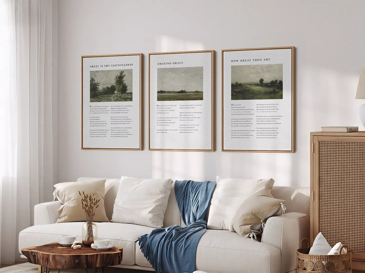 Bring peace to your home with this inspiring Christian wall art set. This collection of three framed scripture prints features serene, impressionist-style landscapes paired with comforting verses from the Psalms, reminding you of God's provision and protection.