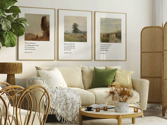 Discover peace with this inspiring Christian wall art set. This collection of three framed scripture prints features calming pastoral landscapes paired with powerful wisdom from the Bible, reminding you of God's perfect timing and provision.
