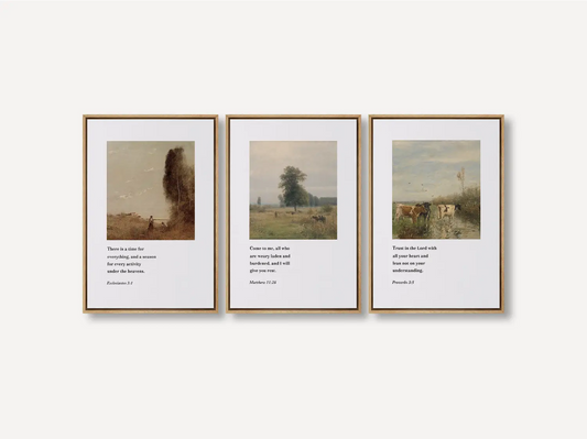 Discover peace with this inspiring Christian wall art set. This collection of three framed scripture prints features calming pastoral landscapes paired with powerful wisdom from the Bible, reminding you of God's perfect timing and provision.